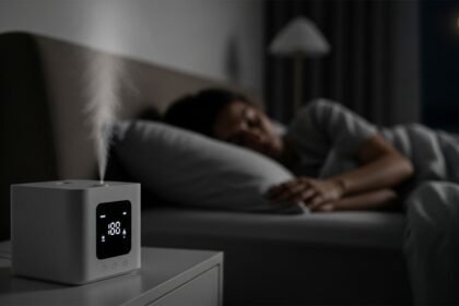 Umidificador de ar inteligente em quarto, automatizando a umidade para dormir melhor.