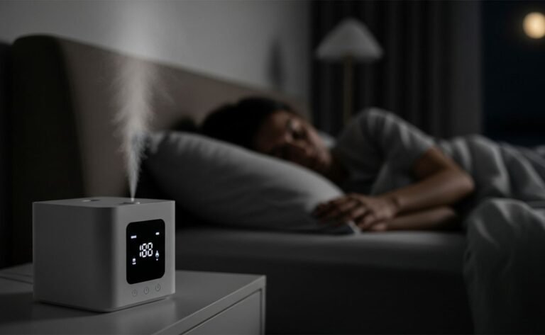 Umidificador de ar inteligente em quarto, automatizando a umidade para dormir melhor.