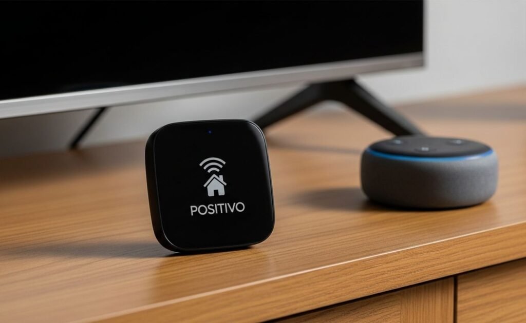 Controle remoto universal inteligente em um rack, configurado para controlar a TV com a Alexa
