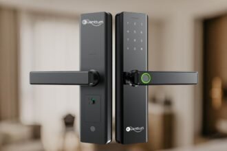 Fechadura inteligente biométrica Kuanttum com painel digital preto e leitura por impressão digital, instalada em porta de madeira