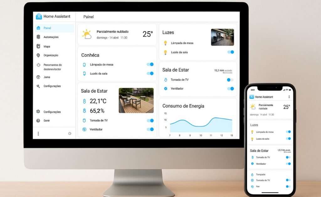 Interface do Home Assistant no painel de controle para automação residencial