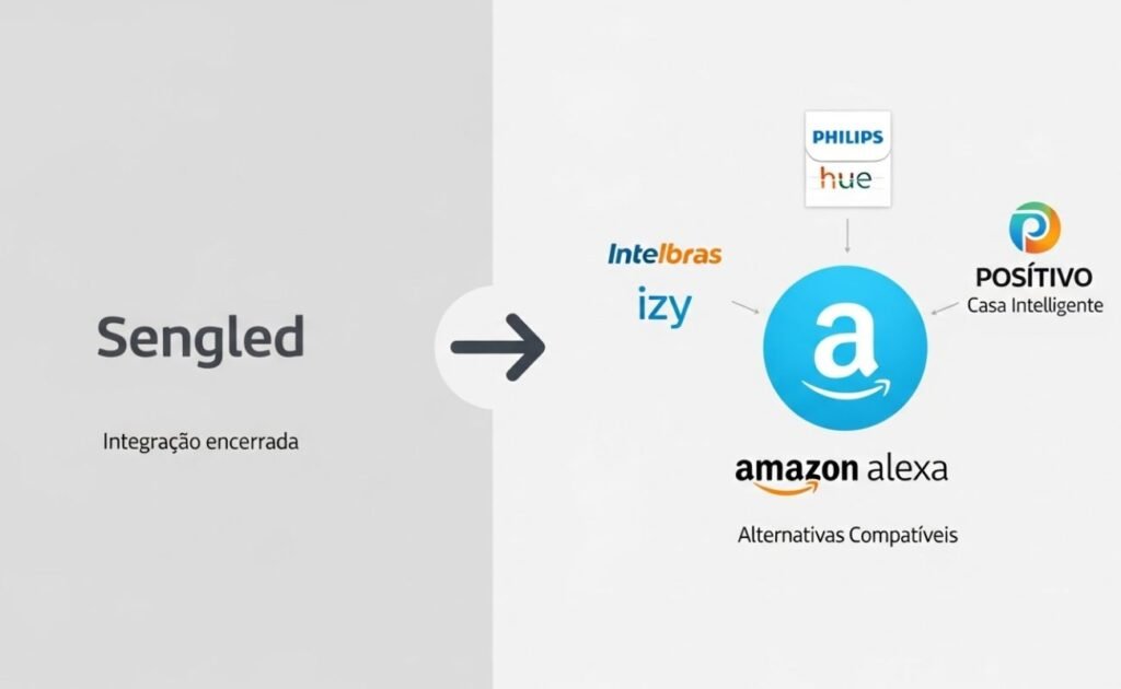 Sengled funciona com Alexa? Infográfico mostrando as alternativas à Sengled, como Philips Hue, Intelbras e Positivo, que funcionam com Alexa
