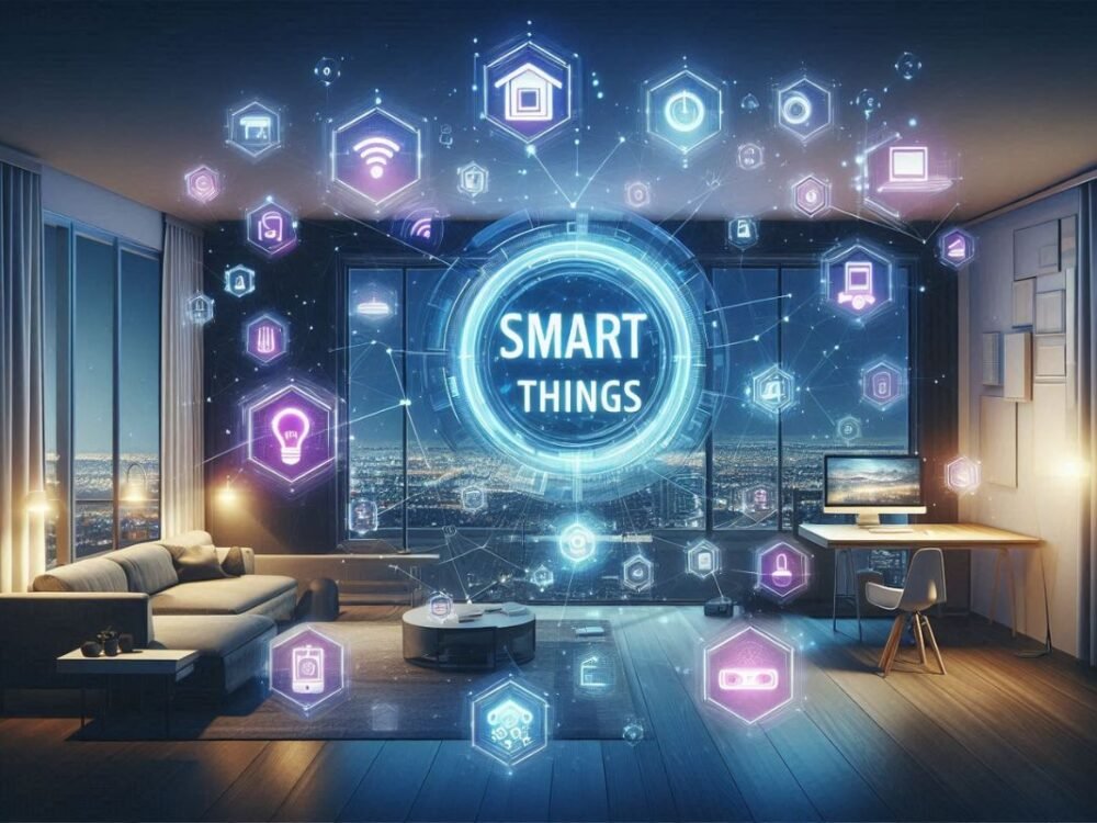 tela futurista do SmartThings automação linguagem natural, com ícones de dispositivos conectados em uma sala moderna