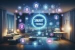 tela futurista do SmartThings automação linguagem natural, com ícones de dispositivos conectados em uma sala moderna