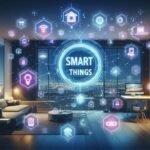 tela futurista do SmartThings automação linguagem natural, com ícones de dispositivos conectados em uma sala moderna