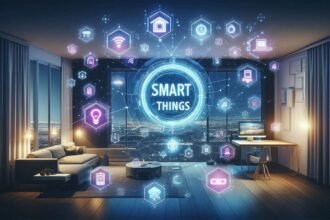 tela futurista do SmartThings automação linguagem natural, com ícones de dispositivos conectados em uma sala moderna