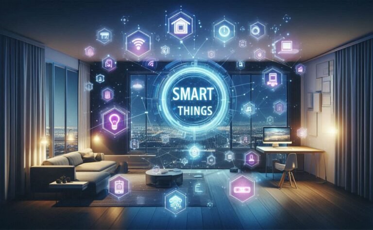 tela futurista do SmartThings automação linguagem natural, com ícones de dispositivos conectados em uma sala moderna