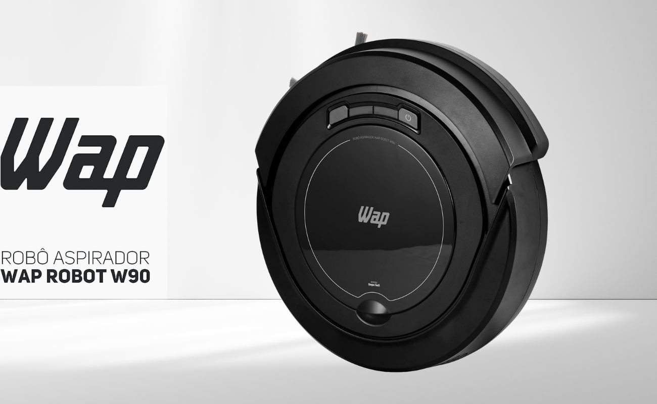 Aspirador de Pó Robô WAP ROBOT W90 3 em 1 na cor preta em destaque sobre fundo branco