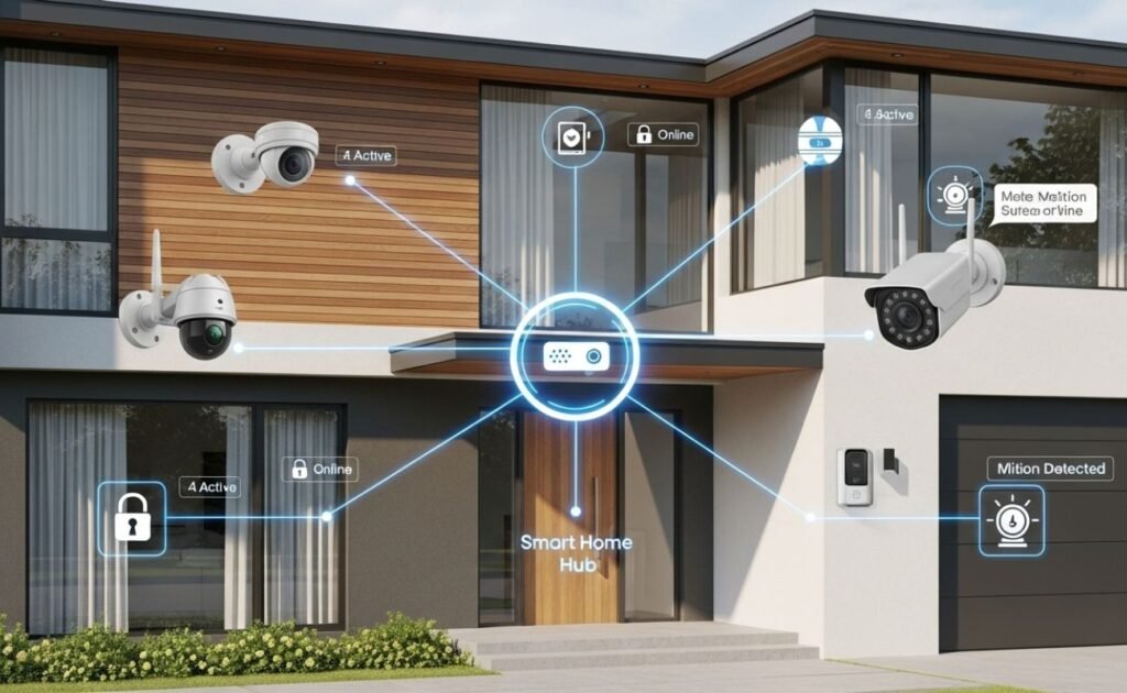 Fachada de uma casa protegida por um sistema de segurança residencial inteligente mostrando algumas câmeras de segurança através de info gráficos