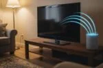 Controle uma TV por comando de voz com a Alexa em uma sala de estar moderna.