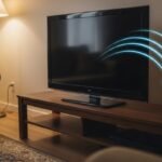 Controle uma TV por comando de voz com a Alexa em uma sala de estar moderna.