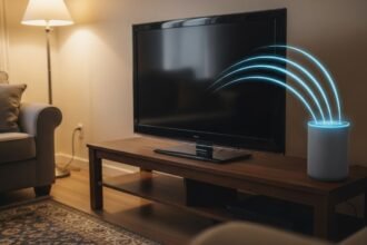 Controle uma TV por comando de voz com a Alexa em uma sala de estar moderna.