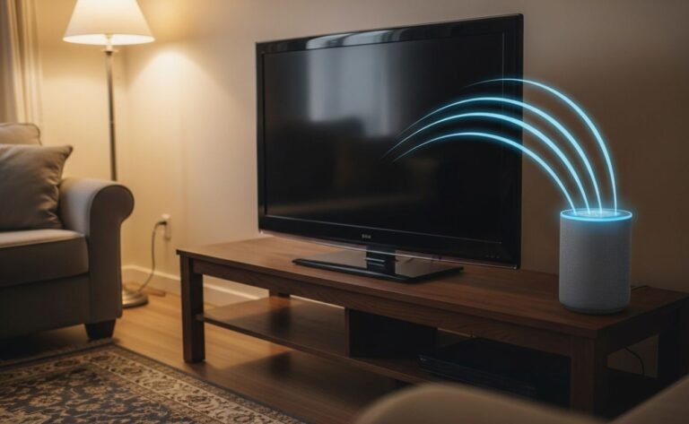 Controle uma TV por comando de voz com a Alexa em uma sala de estar moderna.