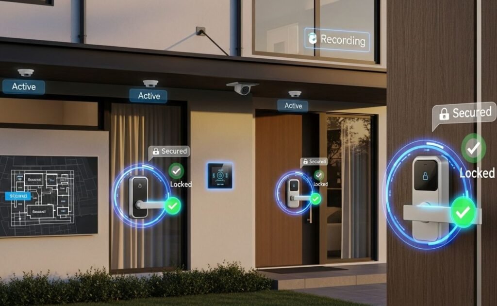 Fachada de uma casa protegida por um sistema de segurança residencial inteligente mostrando algumas fechaduras digitais através de infográficos