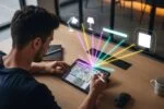 Pessoa planejando um projeto de iluminação inteligente em uma planta baixa digital, o tema central do guia completo.