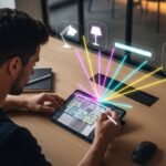 Pessoa planejando um projeto de iluminação inteligente em uma planta baixa digital, o tema central do guia completo.
