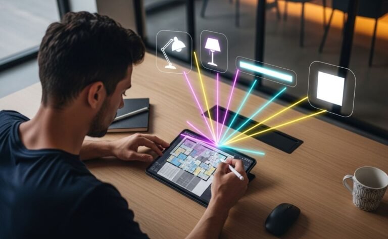 Pessoa planejando um projeto de iluminação inteligente em uma planta baixa digital, o tema central do guia completo.