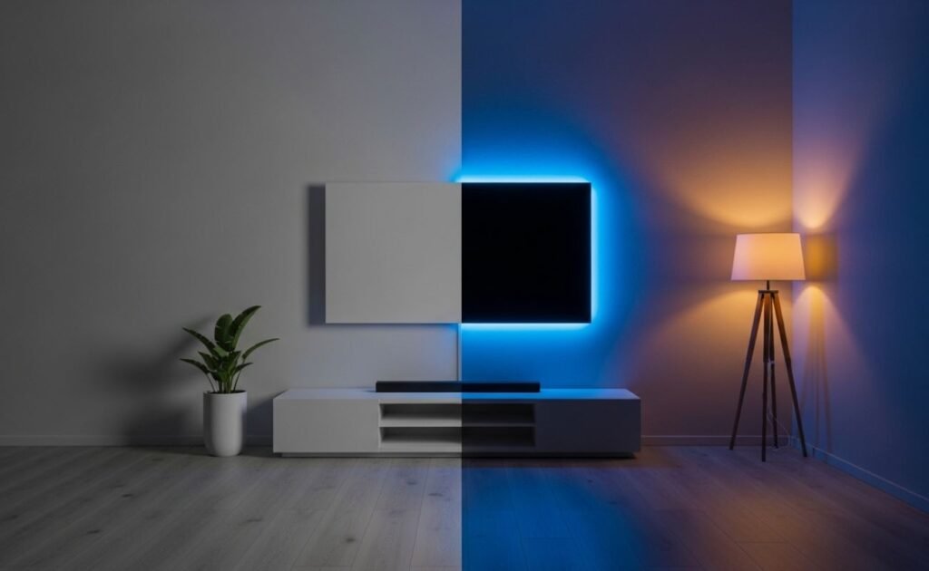 Exemplo de iluminação inteligente com fita de LED azul instalada atrás da TV para criar um ambiente de cinema.