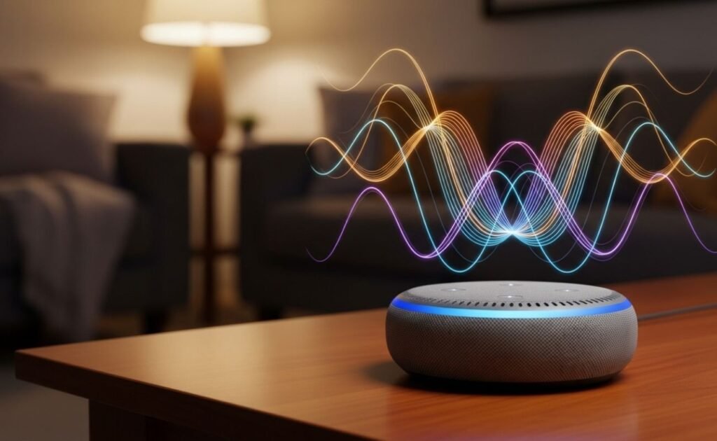 Smart speaker Echo Dot representando o ecossistema Alexa para controle da iluminação inteligente.