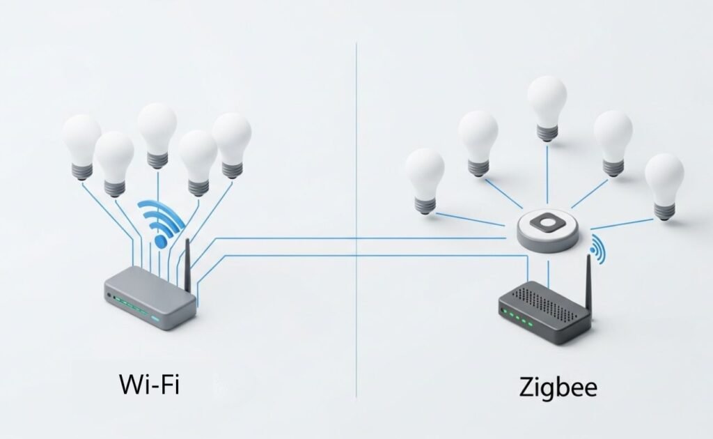 Infográfico mostrando a diferença entre a conexão Wi-Fi direta e a rede em malha Zigbee com hub para iluminação inteligente.