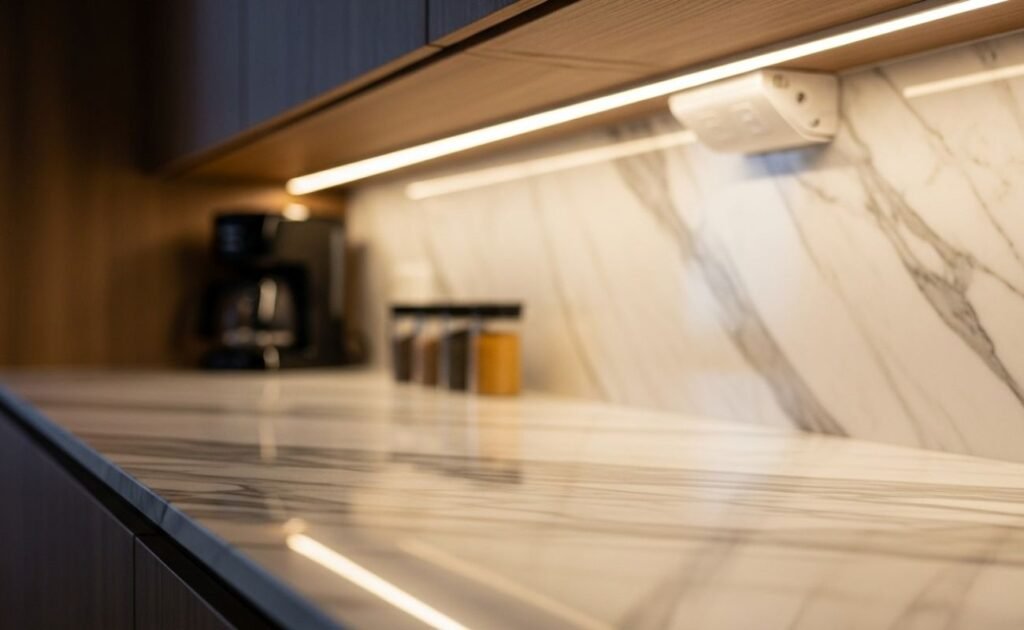 Cozinha moderna usando fita de LED como iluminação inteligente de tarefa na bancada.