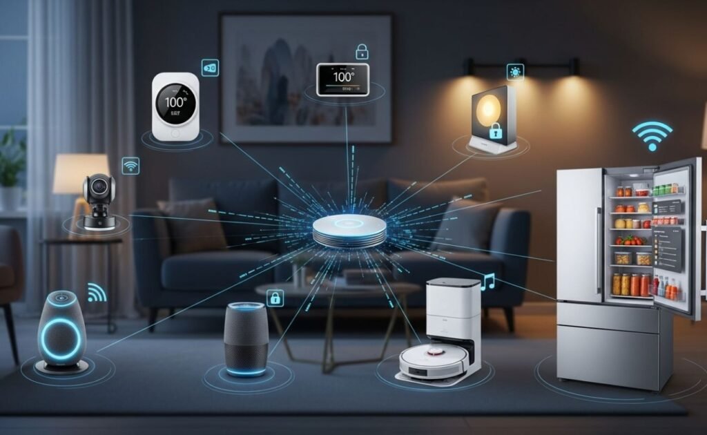 Infográfico mostrando como funciona a Internet das Coisas (IoT) em uma casa conectada com vários dispositivos.