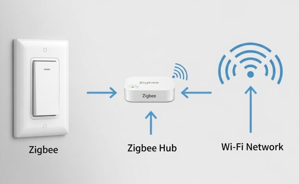 Infográfico mostrando a conexão de um interruptor Zigbee, hub Zigbee e a rede Wi-Fi. Melhores Interruptores Zigbee