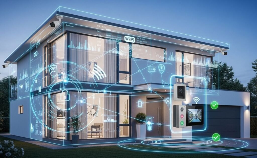 Fachada de uma casa protegida por um sistema de segurança residencial inteligente mostrando através de infográficos câmeras, sensores, vídeo porteiros