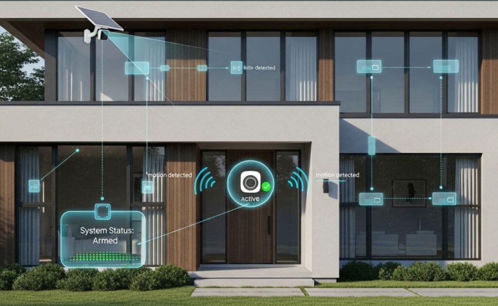 Fachada de uma casa protegida por um sistema de segurança residencial inteligente mostrando alguns sensores inteligentes através de info gráficos