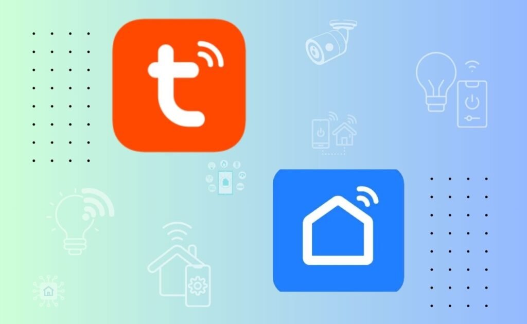Smart Life: O Guia Completo para Usar o App com Alexa (2025) Logo do app Smart Life e Tuya no centro e ícones de dispositivos ao redor