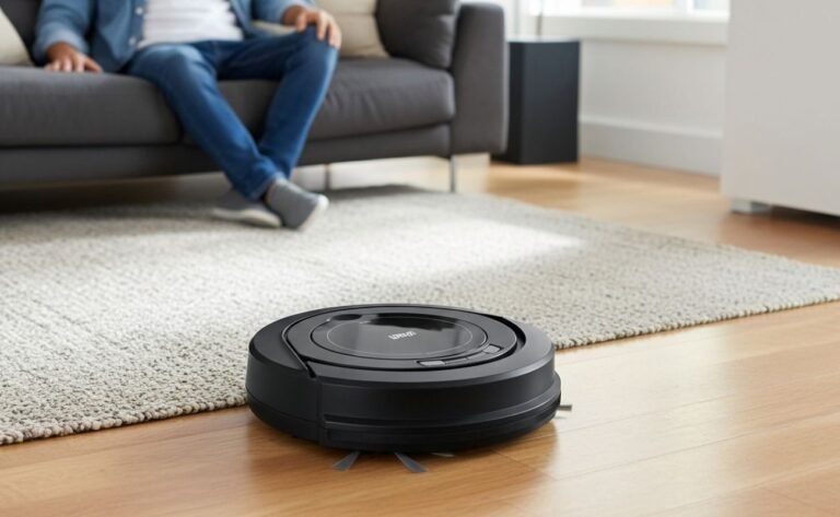 Automação Residencial e Casa Inteligente: SmartHomePro Robô aspirador WAP Robot W90 limpando sala enquanto usuário relaxa no sofá
