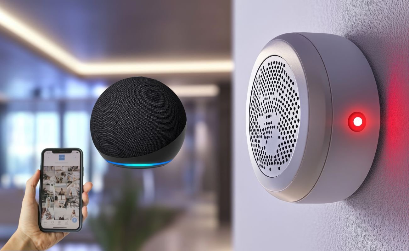 Alarme caseiro com Alexa: Echo Dot, sirene inteligente e smartphone com app de monitoramento.