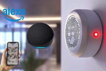 Alarme caseiro com Alexa: Echo Dot, sirene inteligente e smartphone com app de monitoramento.