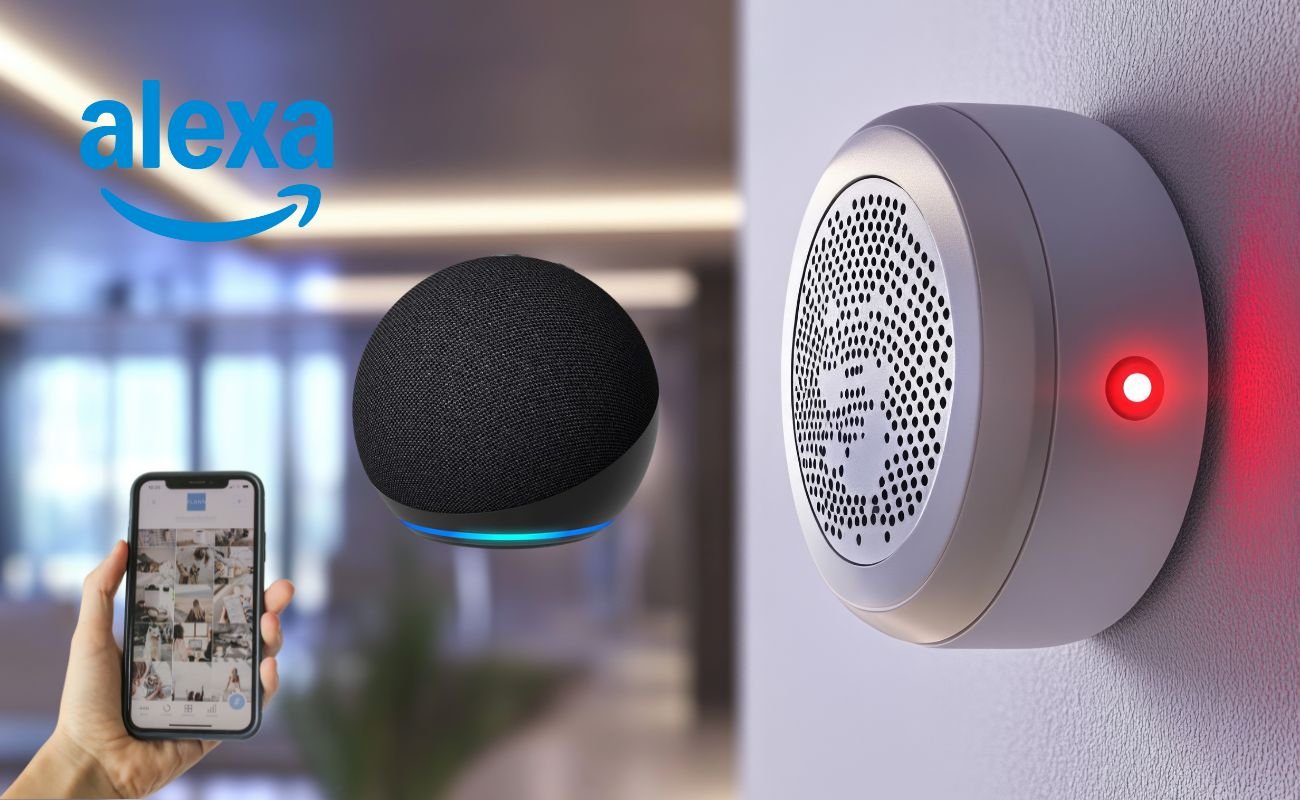 Alarme caseiro com Alexa: Echo Dot, sirene inteligente e smartphone com app de monitoramento.