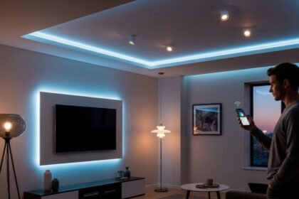 Pessoa usando um aplicativo para controlar a iluminação inteligente por ambientes, demonstrando a facilidade de criar cenas personalizadas.