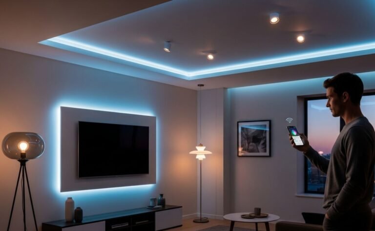 Pessoa usando um aplicativo para controlar a iluminação inteligente por ambientes, demonstrando a facilidade de criar cenas personalizadas.