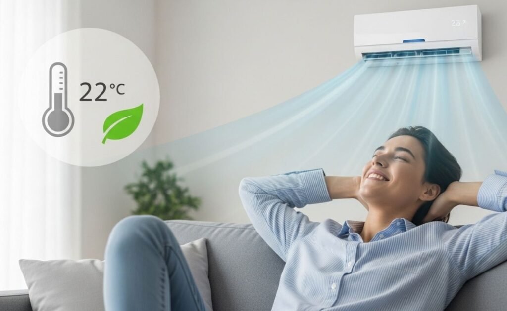 Mulher relaxando confortavelmente em um sofá sob um ar-condicionado, ilustrando os benefícios da climatização inteligente para o conforto e a eficiência energética residencial.