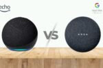 Echo Dot 5 vs Nest Mini 2: comparativo visual dos smart speakers da Amazon e do Google com seus logos.