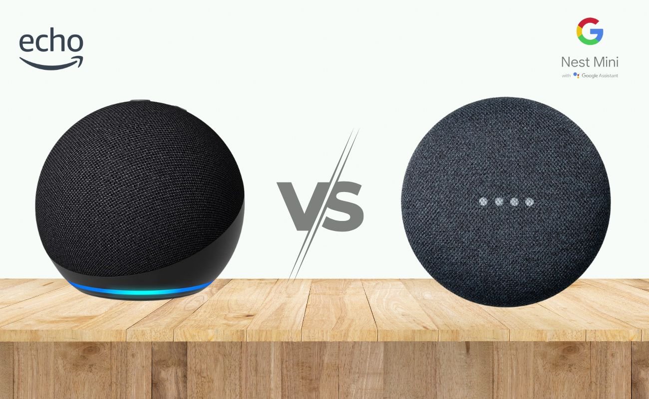Echo Dot 5 vs Nest Mini 2: comparativo visual dos smart speakers da Amazon e do Google com seus logos.
