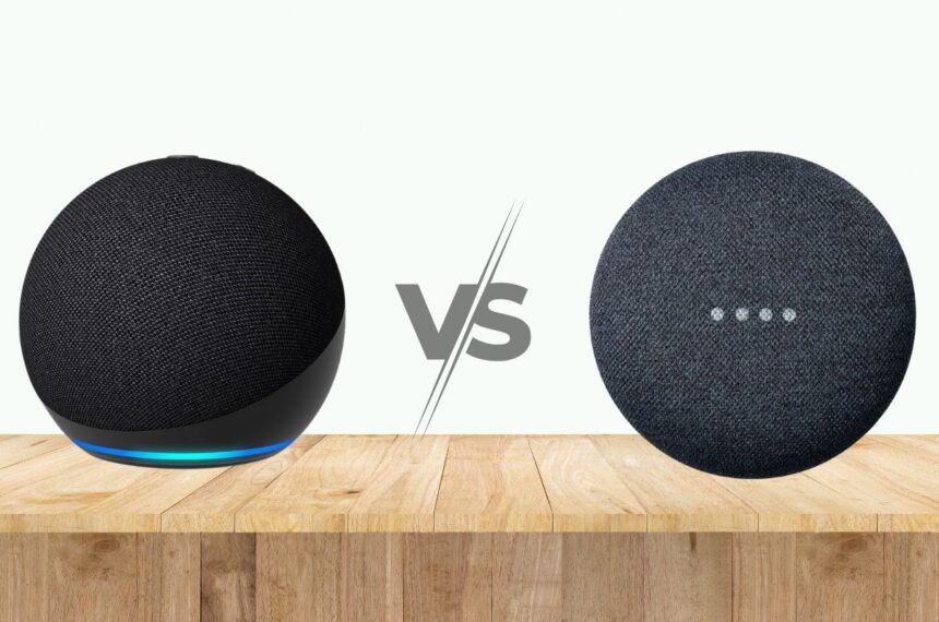 Echo Dot 5 vs Nest Mini 2: comparativo visual dos smart speakers da Amazon e do Google com seus logos.