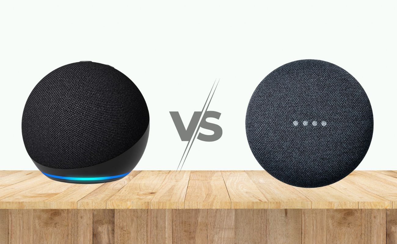 Echo Dot 5 vs Nest Mini 2: comparativo visual dos smart speakers da Amazon e do Google com seus logos.