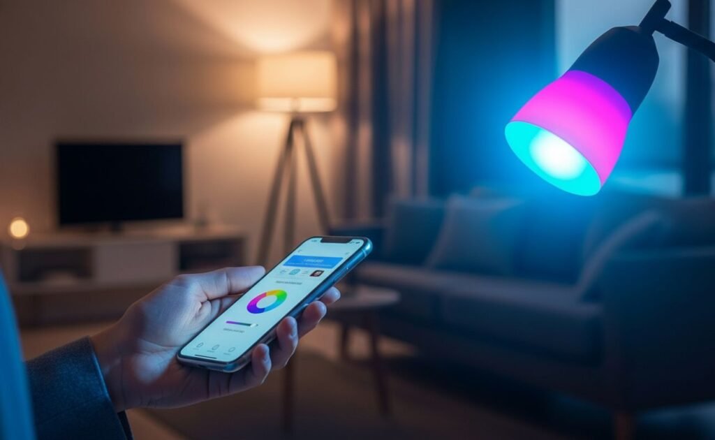 Melhores lâmpadas inteligentes em promoção: Mão usando aplicativo no celular para controlar a luz colorida (RGB) da automação residencial