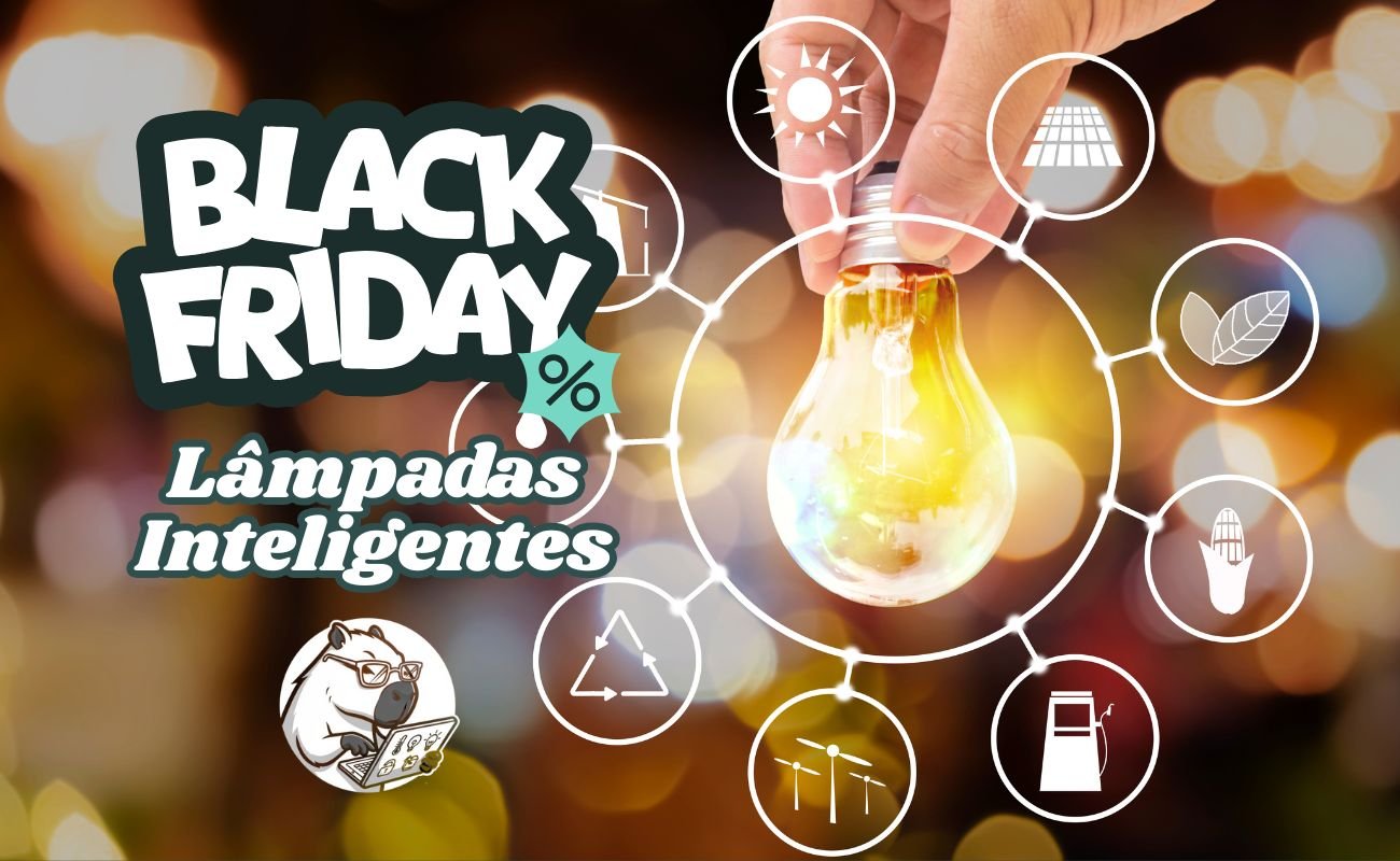 Lâmpada inteligente colorida RGB com filamento LED aceso, destacando as ofertas de iluminação smart no Esquenta Black Friday Amazon