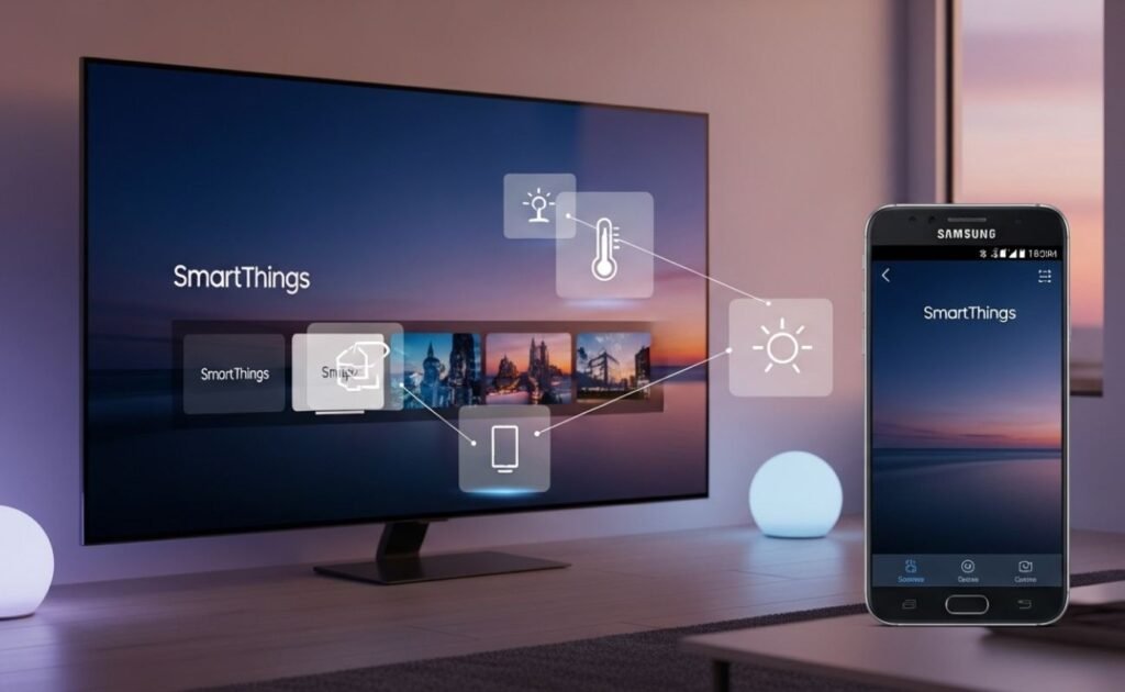 Interface do Samsung SmartThings exibida em uma Smart TV e em um smartphone, mostrando o controle de luzes e temperatura. Demonstra o controle da Automação Residencial Samsung.