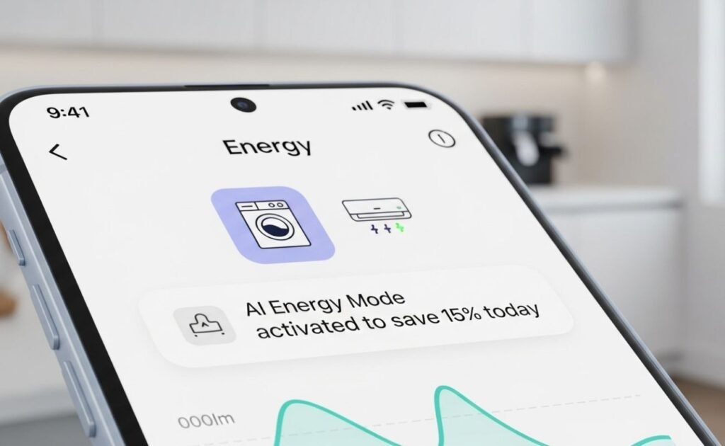 Aplicativo SmartThings Energy na tela do celular, exibindo o 'AI Energy Mode' ativado para economia de 15%. Ilustra o recurso de monitoramento de energia com IA.