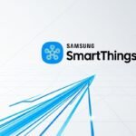Gráfico do logo Samsung SmartThings com linhas azuis convergindo, ilustrando o conceito de Hub de Casa Inteligente que unifica vários dispositivos.