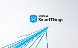 Gráfico do logo Samsung SmartThings com linhas azuis convergindo, ilustrando o conceito de Hub de Casa Inteligente que unifica vários dispositivos.