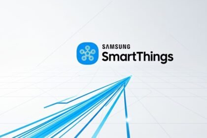 Samsung SmartThings: O que é, como funciona e por que é o futuro da Automação Residencial Samsung Gráfico do logo Samsung SmartThings com linhas azuis convergindo, ilustrando o conceito de Hub de Casa Inteligente que unifica vários dispositivos.