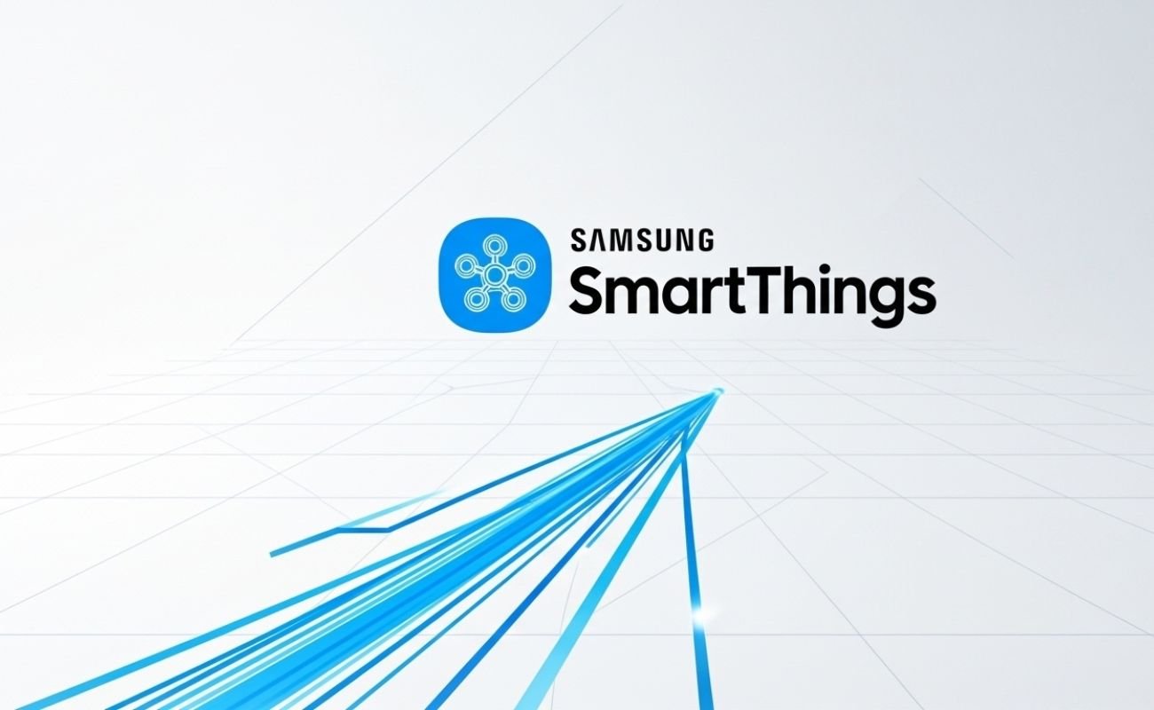 Gráfico do logo Samsung SmartThings com linhas azuis convergindo, ilustrando o conceito de Hub de Casa Inteligente que unifica vários dispositivos.