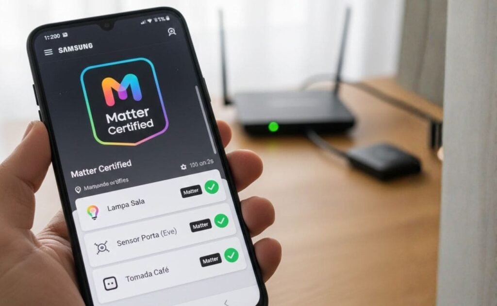 Smartphone mostrando o aplicativo Samsung SmartThings com selo Matter Certified e dispositivos de diferentes marcas conectados via Protocolo Matter.